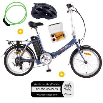 Pack Vélo à assistance électrique pliant Basic 20'' Bleu + Marquage BicyCode