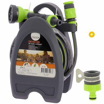 Tuyau d'eau 10 m avec mini enrouleur  + Raccord universel rapide pour robinet