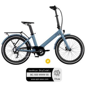 Vélo à assistance électrique pliant 24'' Evening Origins Bleu Ocean + Marquage Bicycode